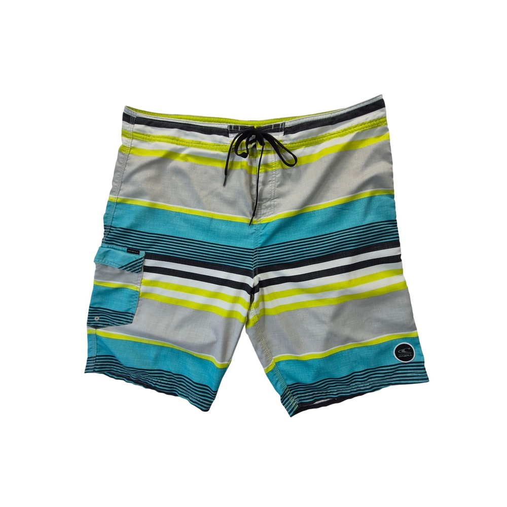 O'Neill Board Shorts Striped Turquoise Lime Green Men's Size 38